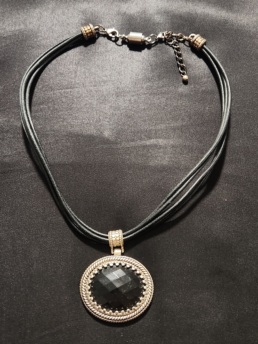 Vintage Black Faceted Statement Pendant Necklace Multi Strand Leather Cord